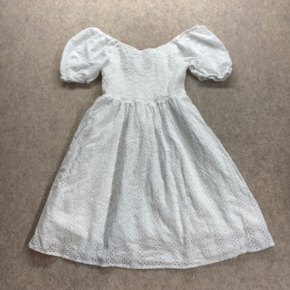 Threadgrit Women White Eyelet Cotton Smocked Puff Sleeve Mini Dress Size Small